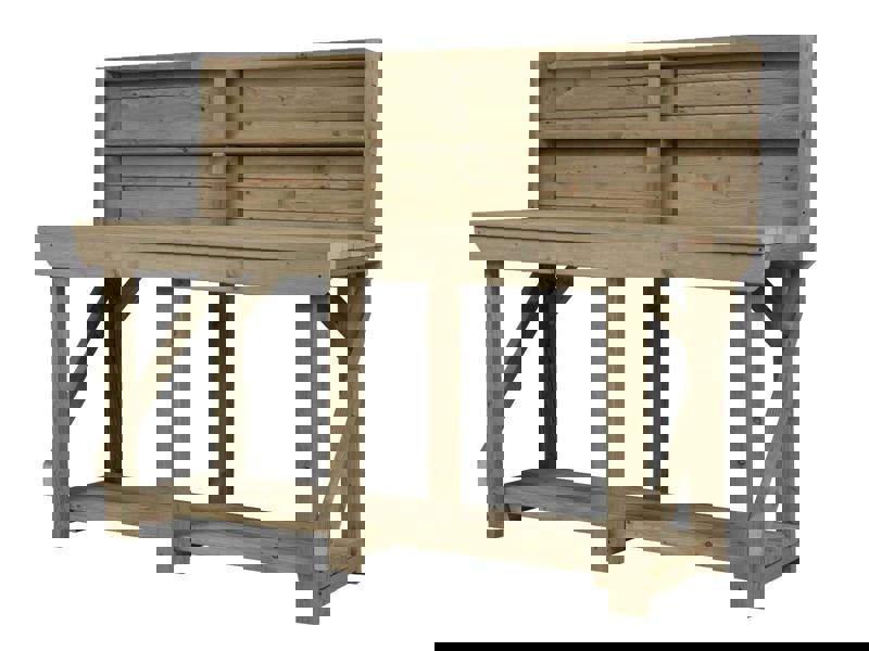 Indoor/Outdoor Pressure-Treated Single Shelf with back panel Workbench, a robust and versatile solution for all your workspace needs. Handcrafted in the UK, this workbench is constructed from high-quality, pressure-treated timber, ensuring durability and resistance to the elements, making it suitable for both indoor and outdoor use.