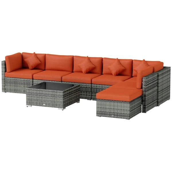 Eight-piece rattan sofa set with orange seat cushions and grey woven rattan frame