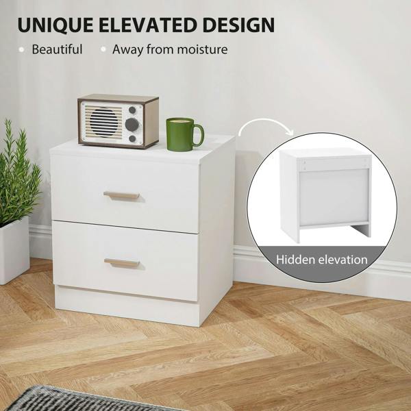 White bedside table with two drawers and metal bar handles, elevated hidden space