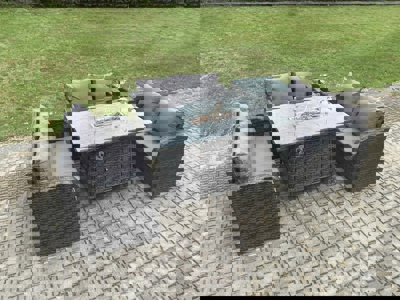 Fimous Rattan Outdoor Garden Furniture Sofa Set Gas Fire Pit Dining Table Gas Heater with Side Table Love Sofa Dark Grey Mixed