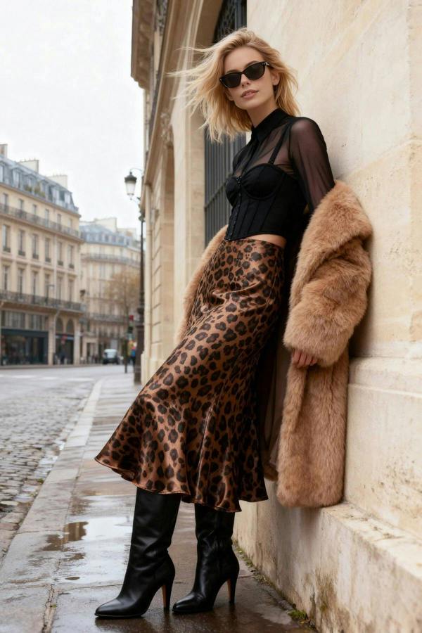 WOVCOR Premium Animal Patterned Satin Midi Woven Skirt
