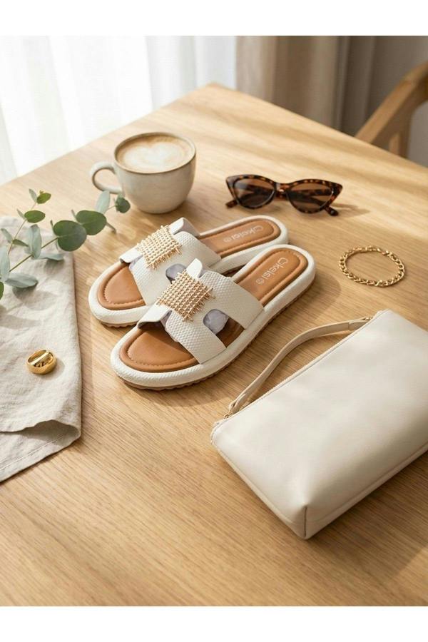 Amber Gold Woven Buckle Slides - White