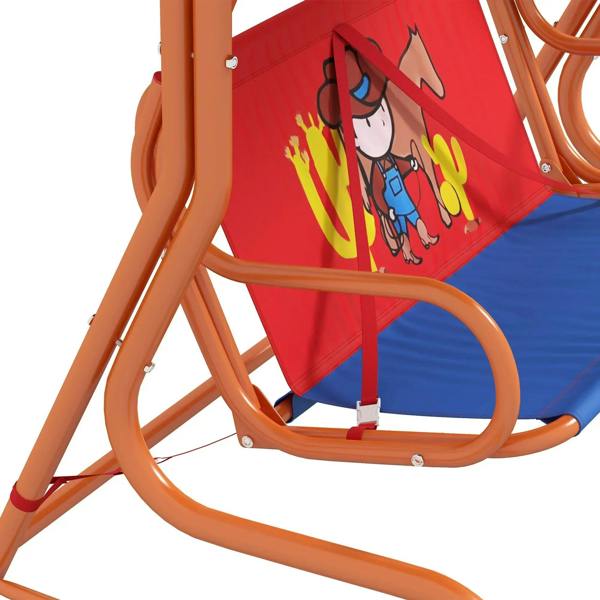 Close-up of red cowboy-themed seat panel on an orange children’s swing frame