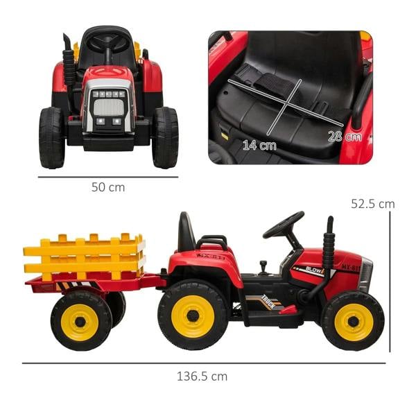 Red ride-on tractor with detachable yellow trailer, front and side views with size markers