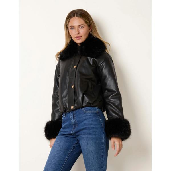 Blue Vanilla Faux Fur Collar & Cuff Cropped Jacket