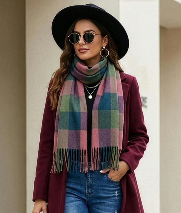 VIA MONTEN Women’s Vintage Plaid Scarf, Oversized Winter Scarf Wrap with Fringe, Soft Long Shawl for Cold Weather Styling