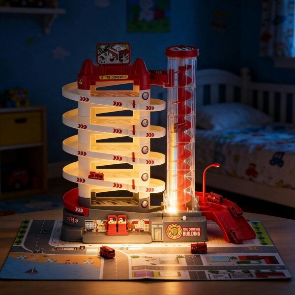 deAO Toys Fire Control Garage Toy Car Set with Sound, Lights, Electric Elevator and 8 Cars - Rescue Playset for Kids 3+