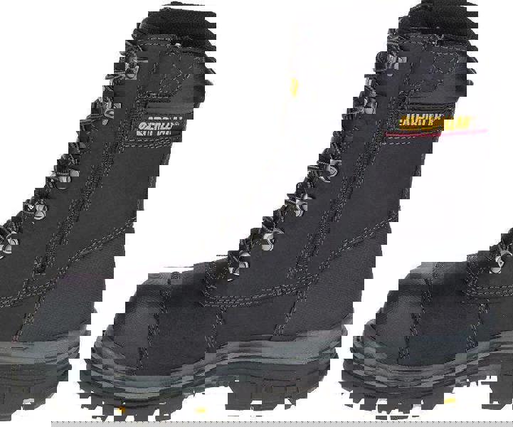 Caterpillar Premier 8 TX Mens Composite Toe/Midsole Water-Resistant Work Boots, black rugged safety work boot with alloy eyelets, side zipper, and cushioned ankle support.