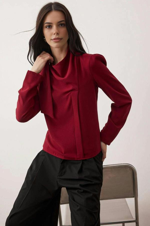 WOVCOR Shawl Detail V-Neck Woven Blouse