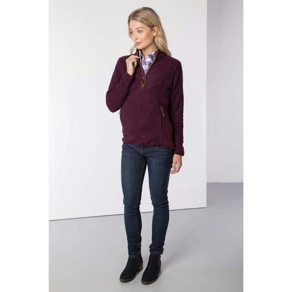 Model wearing the Rydale Ladies Huggate Overhead Fleece in plum for country and outdoor wear