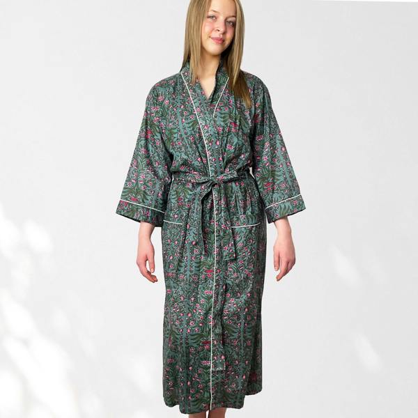 Hayley & Co Grey and Pink Flower Print 100% Cotton Dressing Gown