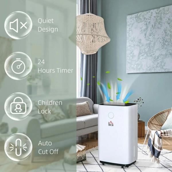 White portable dehumidifier with features icons overlay near window curtain