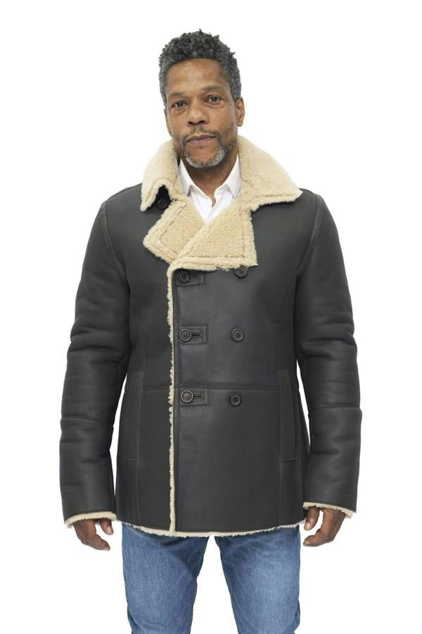 Infinity Leather Mens Double Breasted Shearling Sheepskin Pea Coat-Valencia