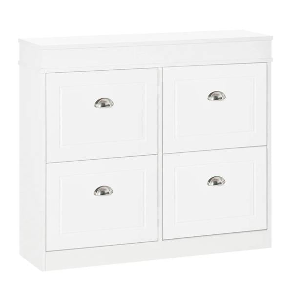 White shoe cabinet with four flip drawers and silver handles