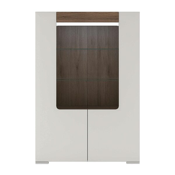 Wyld Haus Porto Low Gloss White Glazed Display Cabinet Oak Detail 2 Doors 3 Shelves