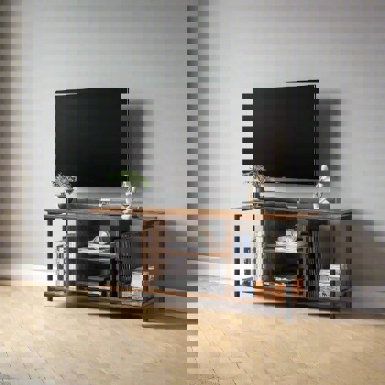 Rustic brown and black TV stand with open shelves for 60-inch TVs in industrial living room setup

