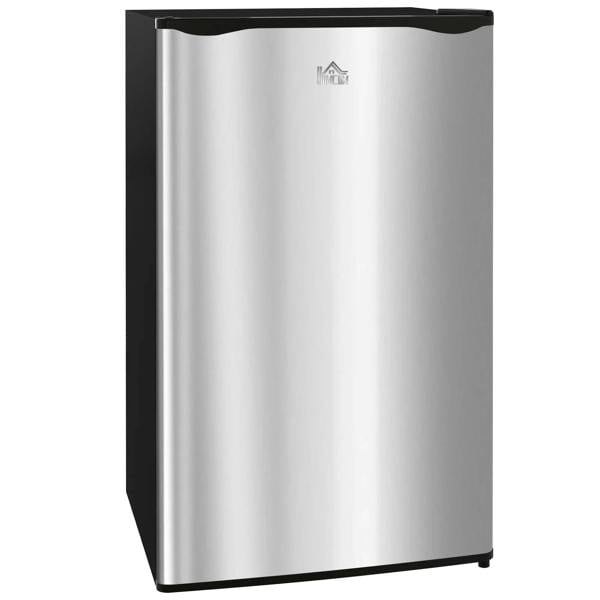 Silver under-counter mini refrigerator with front door and black top trim