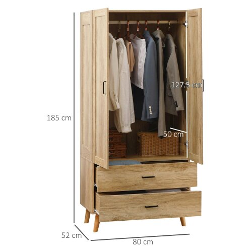 Wyld Haus Corasoro Natural Wood Finish 2 Door Modern Wardrobe With 2 Drawers And Hanging Rail