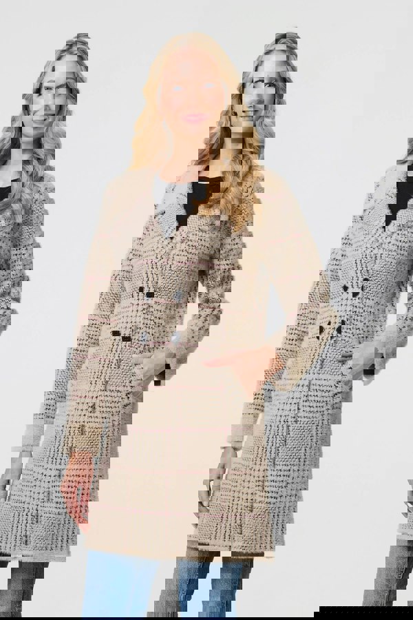 Beige | Checked Button Front Thigh Length Trench Coat
