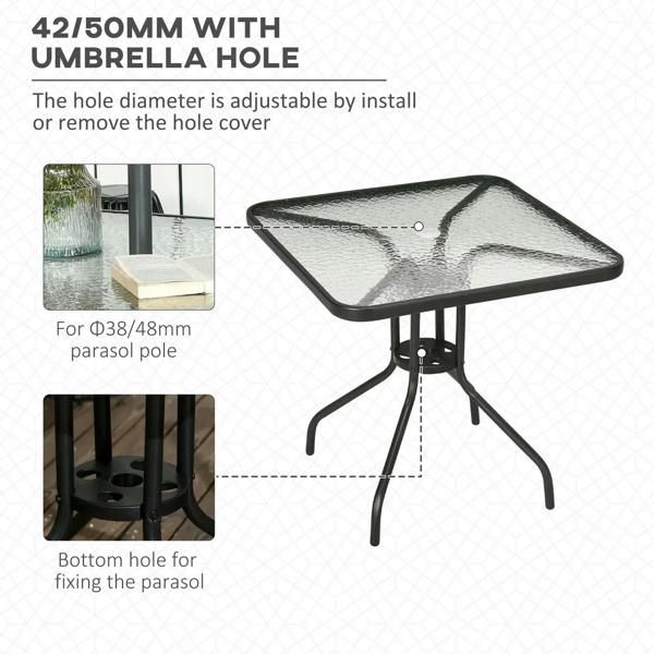 Black square garden dining table showing umbrella hole opening in glass top