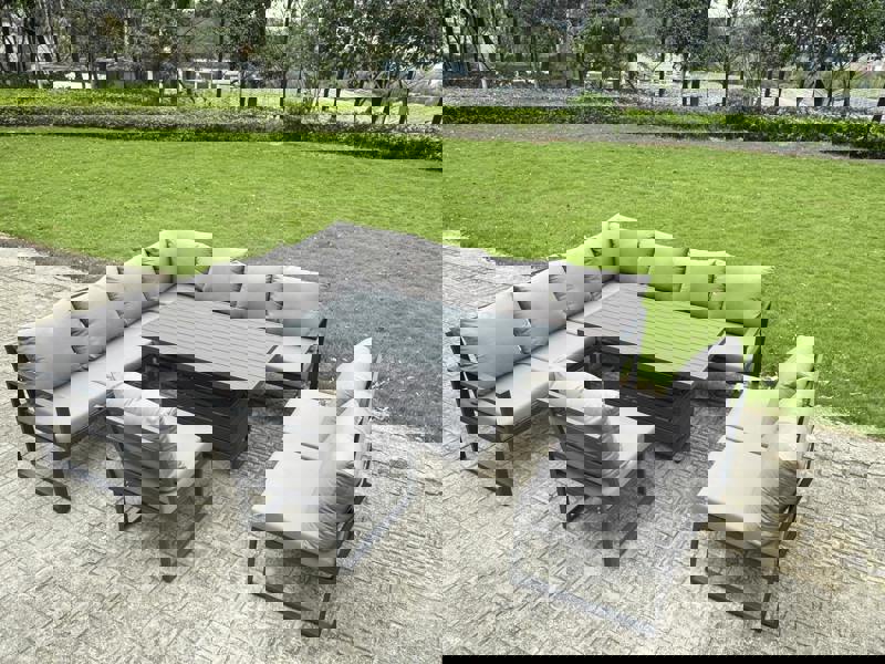 Fimous 9 Seater Aluminium Garden Furniture Set with Adjustable Rising Dining Table & Corner Sofa - Grey