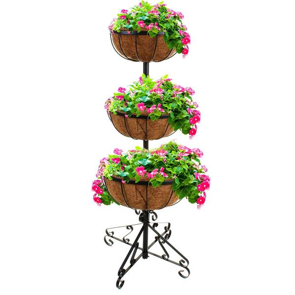 Gr8 Garden 3 Tier Flower Fountain Coco Liner Black Metal Patio Planter Plant Pot Tub