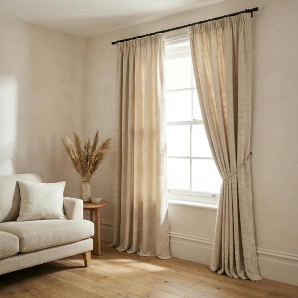 Larissa made-to-measure curtains in Calm, styled in a living room