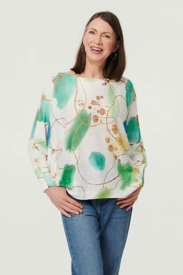 Green | Printed Textured Mesh Long Sleeve Top