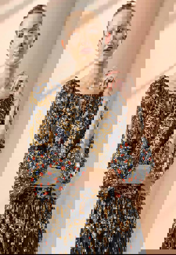 ANGELEYE Deluxe Luxurious Viscose Twill Black Bardot Midi Dress in Premium Floral Print