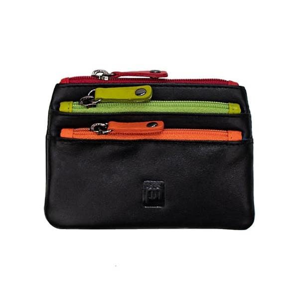 Soft black leather coin purse with coloured zips showing front pockets and key fob