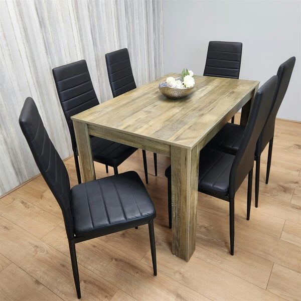 Kosy Koala Dining Table and 6 Black Metal Leather Chairs Rustic Effect Wood Dining Room
