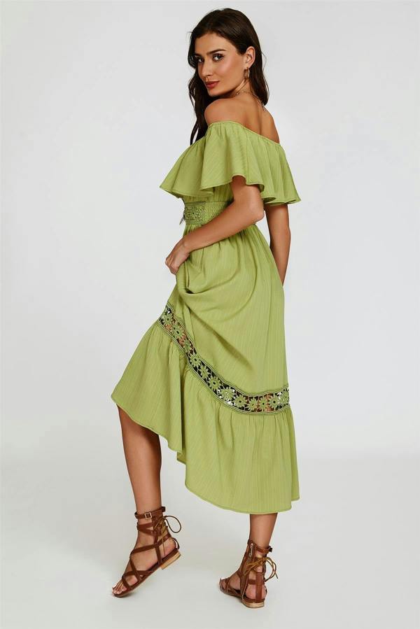 FS Collection Lace Detail Bardot Maxi Dress In Green