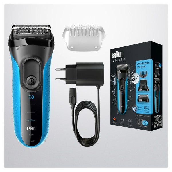 Braun Series 3 Shave & Style 3010BT Electric Shaver, Wet & Dry Razor For Men - Black/Blue