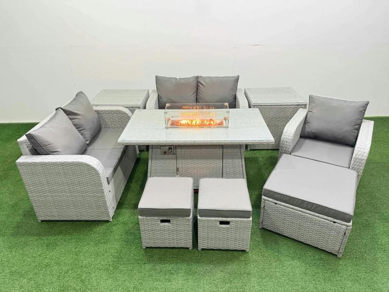 Fimous High Back Poly Rattan Garden Furniture Set, Reclining Chair, Loveseat, Firepit Table, Indoor Outdoor, 3 Stools, 2 Side Table, Light Grey