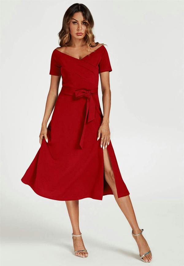 FS Collection Bardot Midi Dress In Red