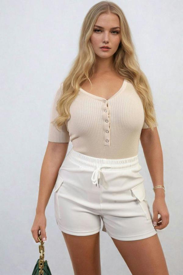 Dulce Elastic Waist Drawstring Pocket Detail Shorts - White