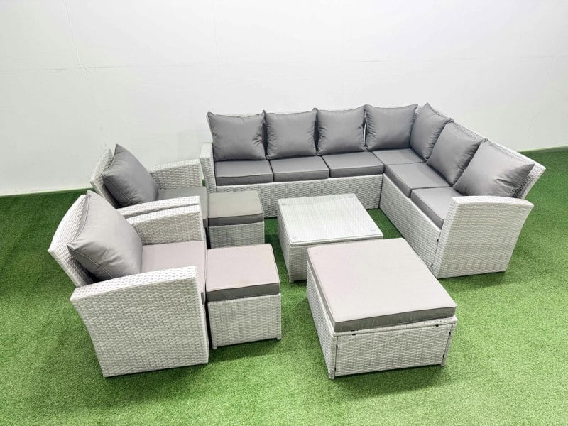 Fimous Rattan Garden Outdoor Furniture Set 11 Seater Rattan Garden Sofa Set with 2 Armchairs 3 Footstools Light Grey Mixed