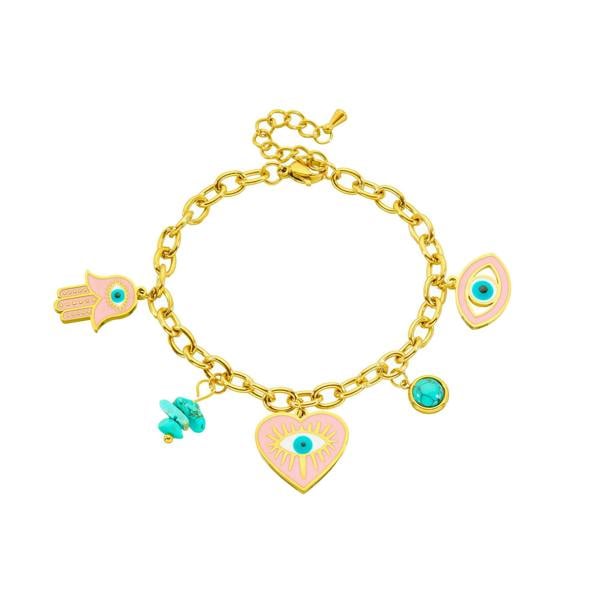Serafina Mila Bracelet - 18K Gold Plated Stainless Steel Pink Evil Eye Charm Bracelet