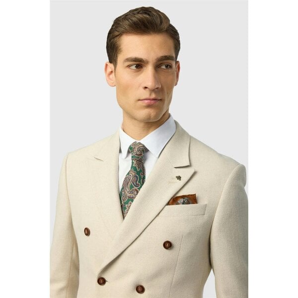 Antique Rogue Slim Fit Baxter Ecru Double Breasted Herringbone Jacket
