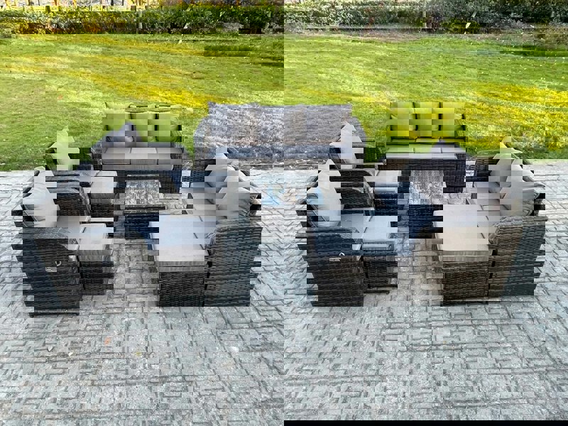 Fimous 10 Seater Garden Furniture Set Rattan Outdoor Lounge Sofa Chair With Tempered Glass Table 3 Footstools Dark Grey Mixed