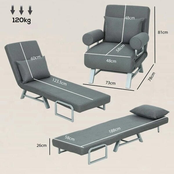 Single Sofa Bed, 3-in-1 Convertible Folding Chair Bed with Adjustable Backrest, Removable Armrests, Dark Grey