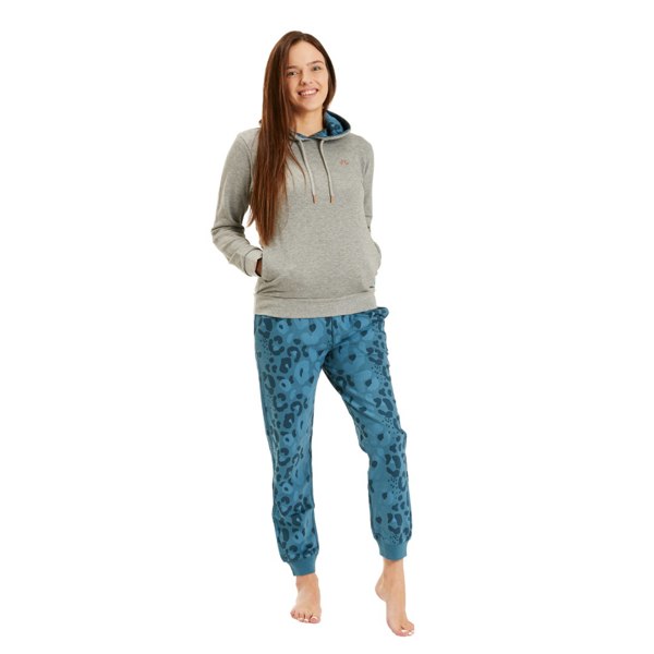 Luca and Rosa Women's Grey and Blue Leopard Hooded Lounge Set