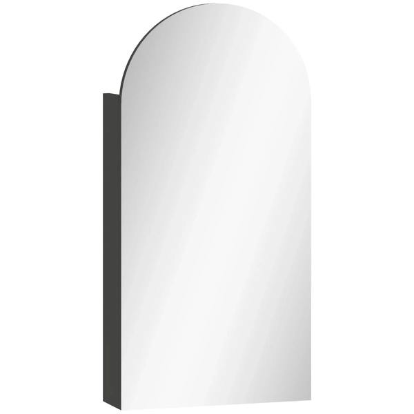 Arched black bathroom mirror cabinet with black-framed reflective mirror door