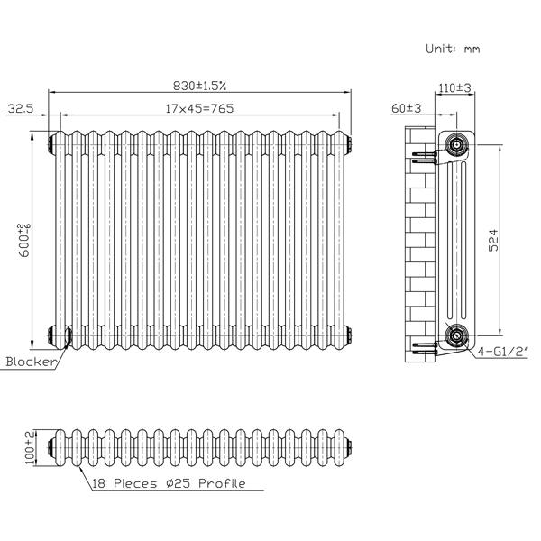 Monstershop Traditional 3 Column Radiator - 600 x 830mm - Raw Metal