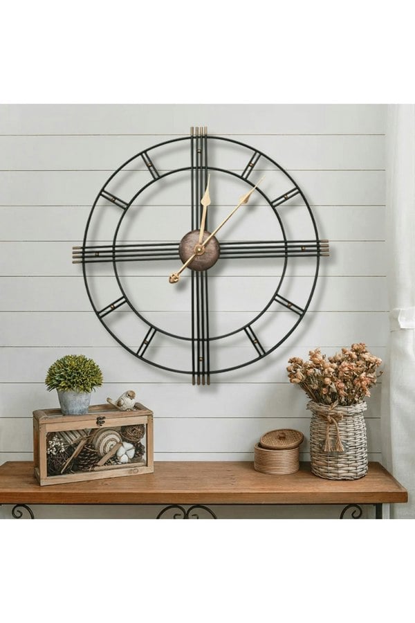 Living and Home 60cm Dia Round Skeleton Metal Wall Clock with Gold Needles