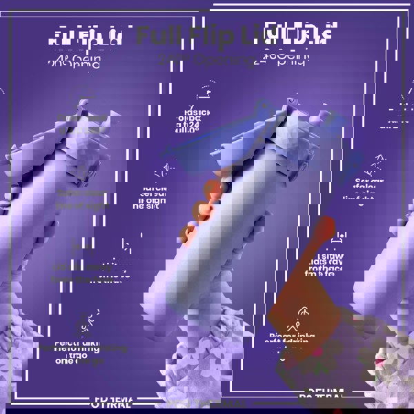 A lavender water bottle with a 240° flip lid is being held by a child against a purple background. The lid folds back for safer access and is positioned away from the face. The bottle is described as perfect for on-the-go drinking.