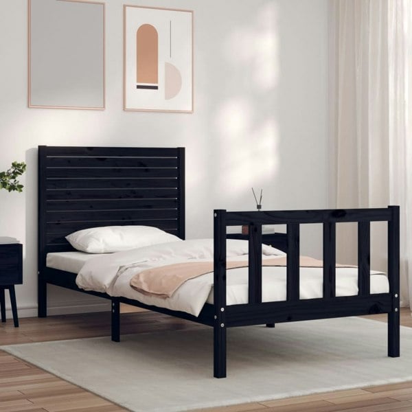Berkfield Bed Frame with Headboard Black Small Single Solid Wood