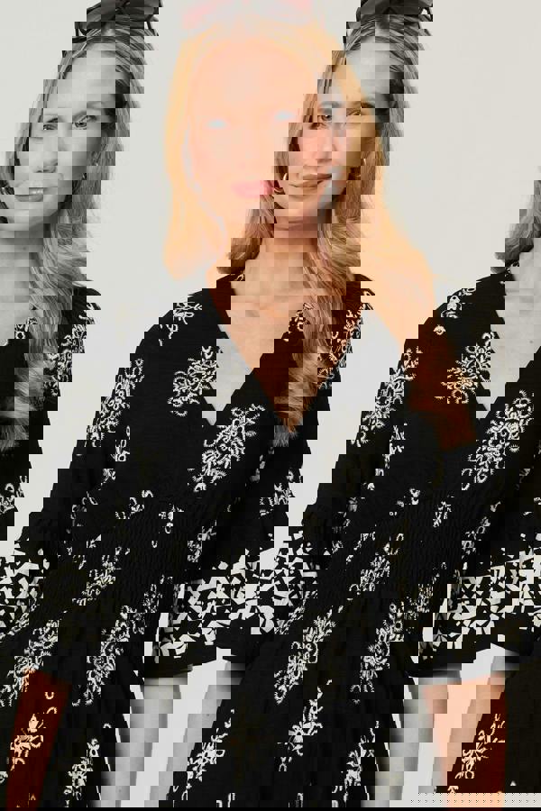 Black | Border Print Ruched Knee Length Dress