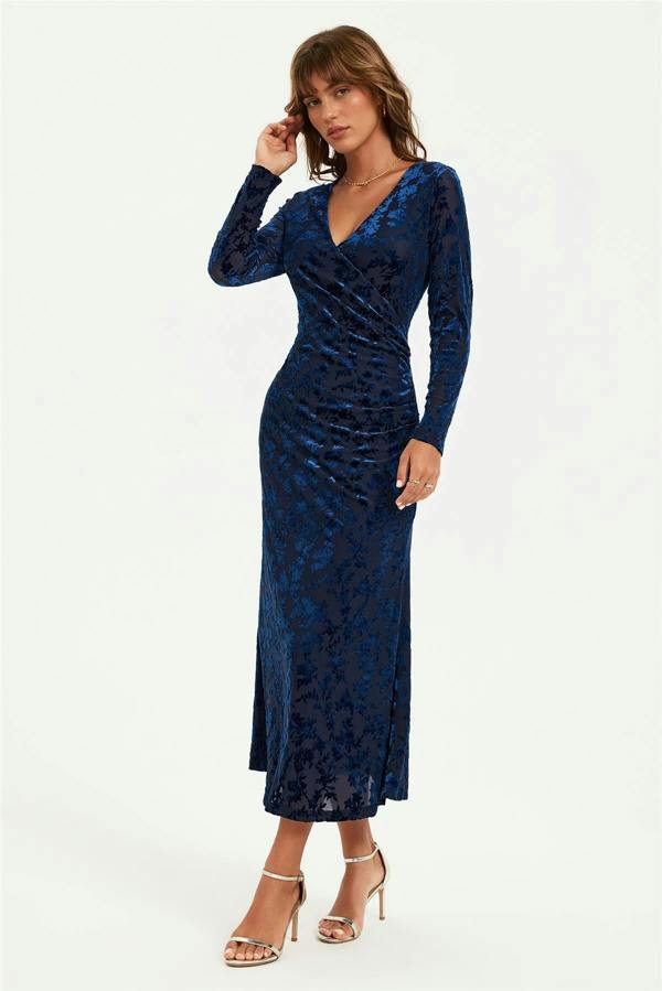 FS Collection Floral Velvet Devore Long Sleeve Wrap Midi Dress In Navy