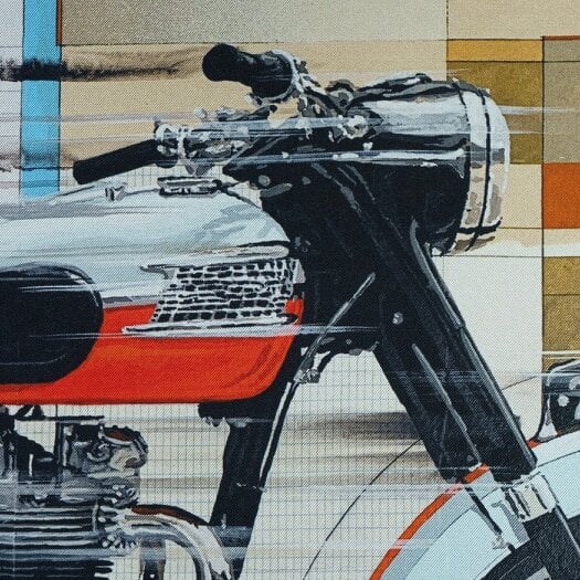 Otway & Orford 'Vintage Velocity' motorcycle silk pocket square in red, pale blue, black & brown (42 x 42cm)